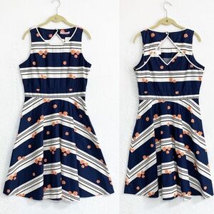 Trollied Dolly Back Flash Navy Stripe Retro Style Fit & Flare Dress Sz L
